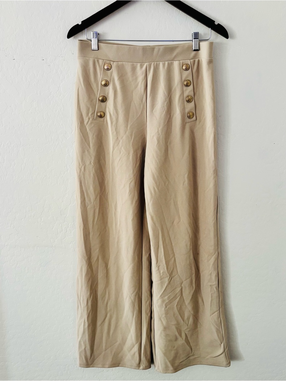 H&M Beige High Waist Wide Leg Sailor Pants Gold Button Women’s M